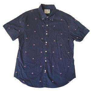 Bonobos Mens M Short Sleeve Navy Blue Shirt Shark Fin Print Standard Fit Casual